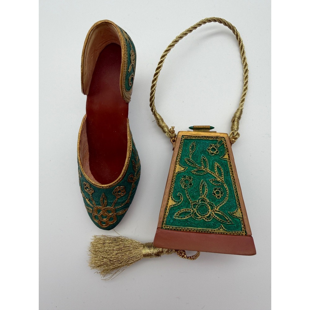 Just The Right Shoe Raine Carved Heel Figurine and Handbag Set Teal Gold 25096